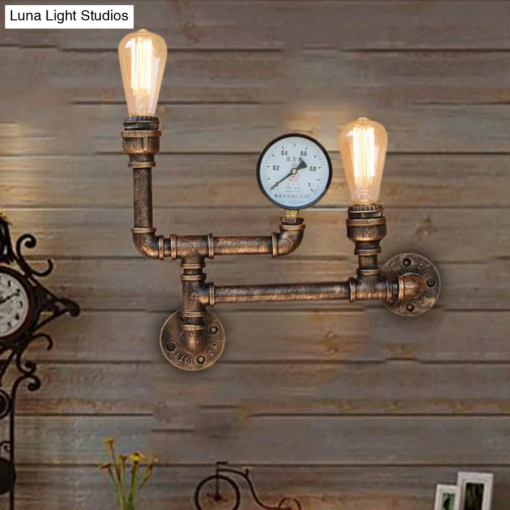 Vintage Antique Brass Iron Wall Mount Lamp With Exposed Bulb And Pressure Gauge - 2 Lights