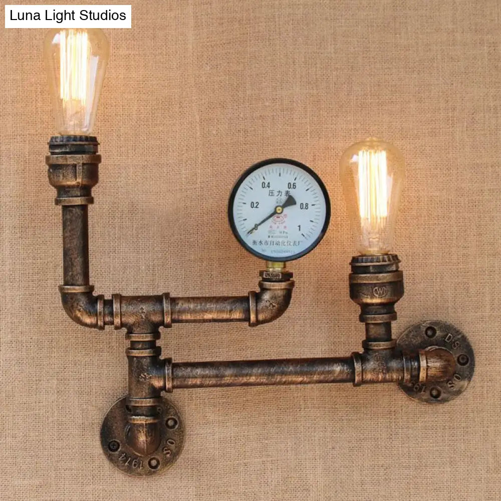 Vintage Antique Brass Iron Wall Mount Lamp With Exposed Bulb And Pressure Gauge - 2 Lights