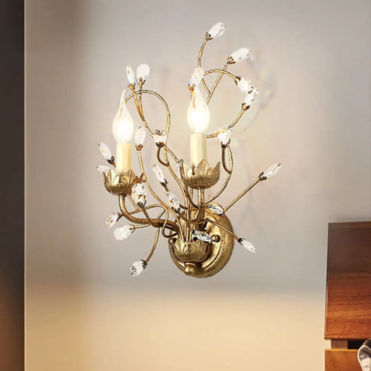 Vintage Antique Brass Wall Sconce With Clear Crystal Branch Design And Candle-Inspired Lights