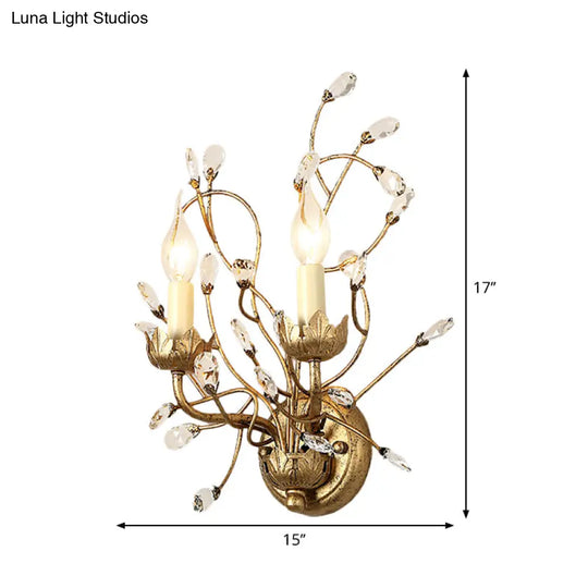 Vintage Antique Brass Wall Sconce With Clear Crystal Branch Design And Candle-Inspired Lights