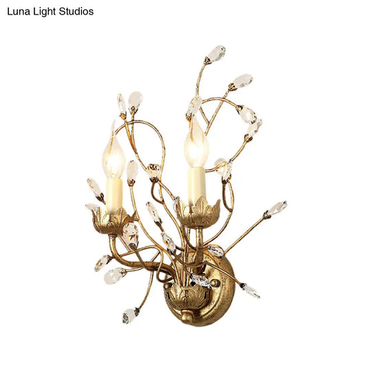 Vintage Antique Brass Wall Sconce With Clear Crystal Branch Design And Candle-Inspired Lights