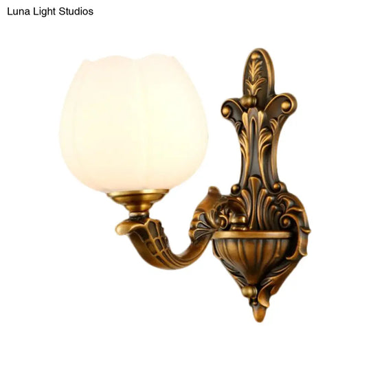 Vintage Antique Brass Wall Sconce With Milky Glass Shade: Stylish 1/2-Light Bowl