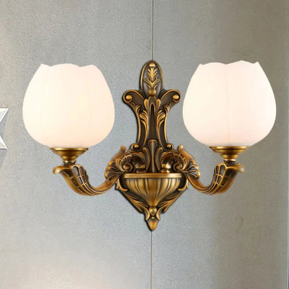 Vintage Antique Brass Wall Sconce With Milky Glass Shade: Stylish 1/2-Light Bowl 2 /