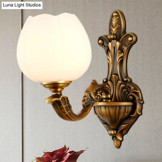 Vintage Antique Brass Wall Sconce With Milky Glass Shade: Stylish 1/2-Light Bowl