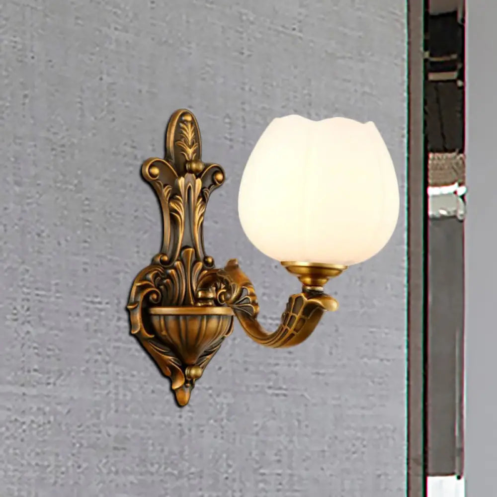 Vintage Antique Brass Wall Sconce With Milky Glass Shade: Stylish 1/2-Light Bowl 1 /