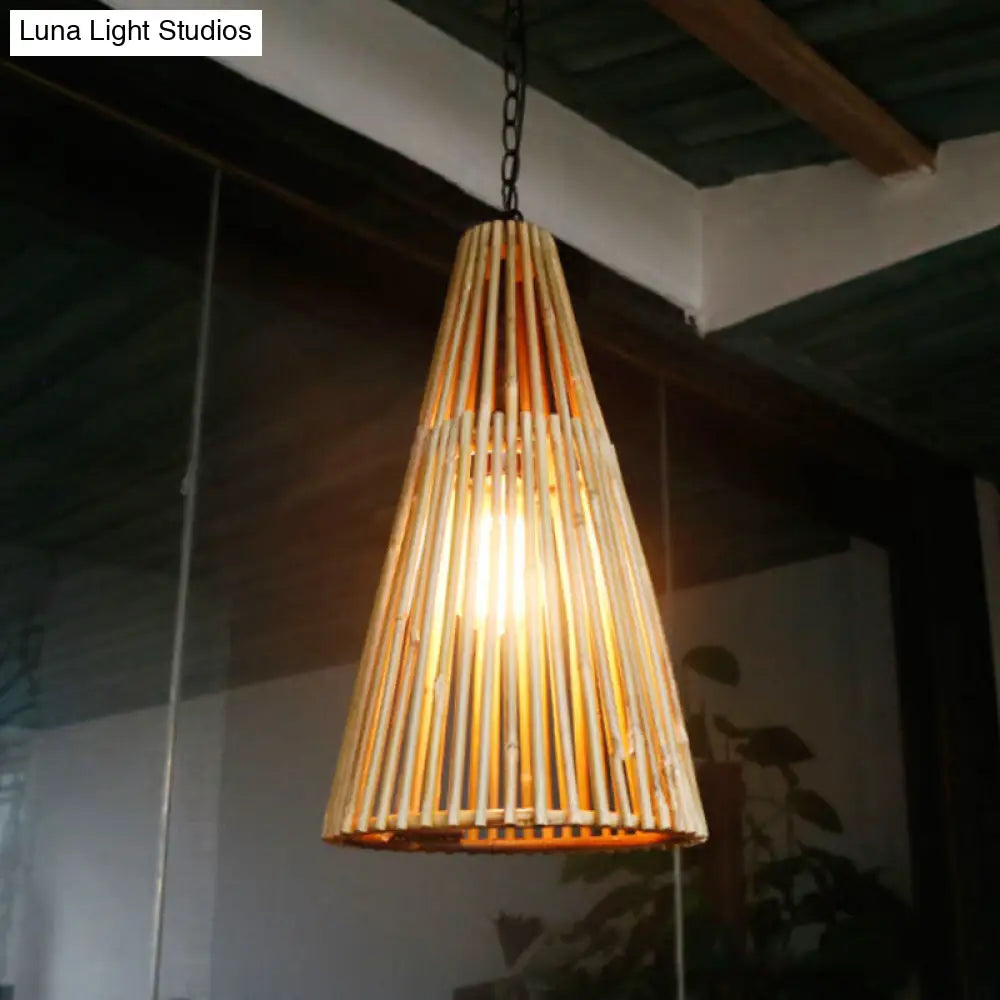 Vintage Bamboo Stick Cone Pendant Light - Natural Wood Suspension Lamp With Adjustable Chain