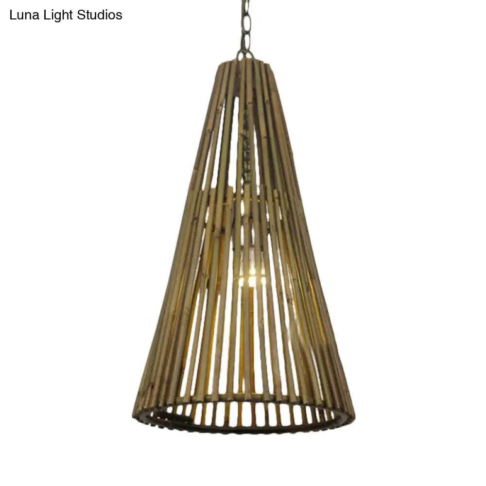 Vintage Bamboo Cone Pendant Light - Natural Wood Suspension Lamp With Adjustable Chain