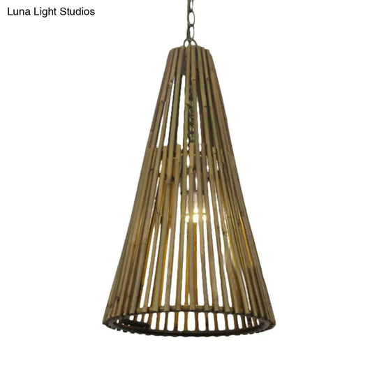 Vintage Bamboo Stick Cone Pendant Light - Natural Wood Suspension Lamp With Adjustable Chain