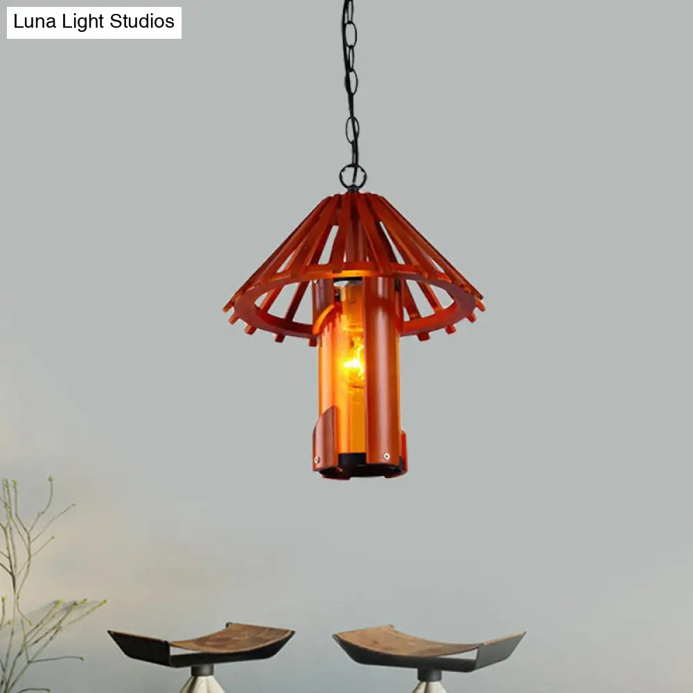 Bamboo Vintage Suspension Lamp With Cone Shade - Brown 1 Light Ceiling For Dining Room