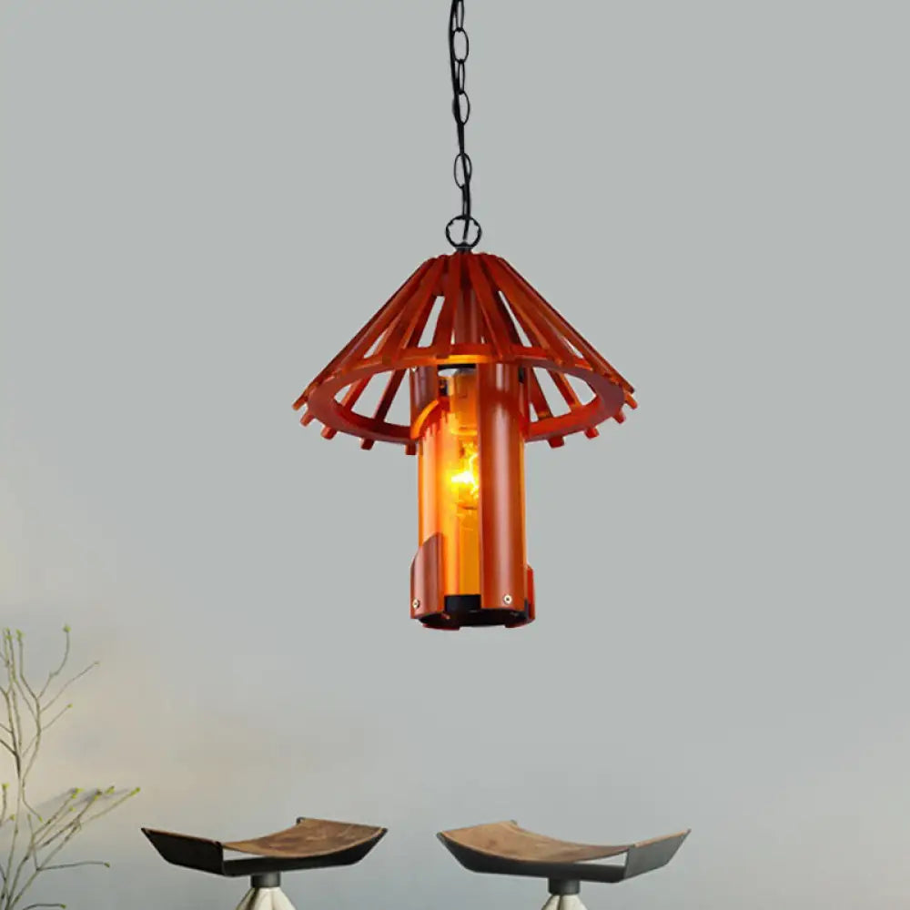 Vintage Bamboo Cylinder Suspension Lamp: 1 Light Dining Room Ceiling In Brown With Cone Shade