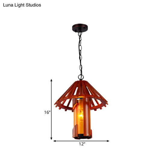 Bamboo Vintage Suspension Lamp With Cone Shade - Brown 1 Light Ceiling For Dining Room