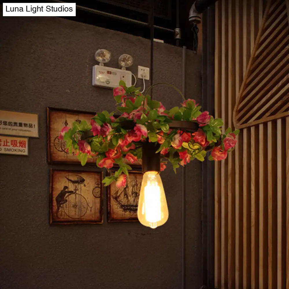 Vintage Black Metal Led Pendant Light Fixture For Restaurant - 1-Head Bare Bulb Flower Hanging Lamp