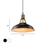 Rustic Barn Pendant Light - Vintage Style 1-Bulb Suspension Lamp In Black/White 10.5/12/15 Inch