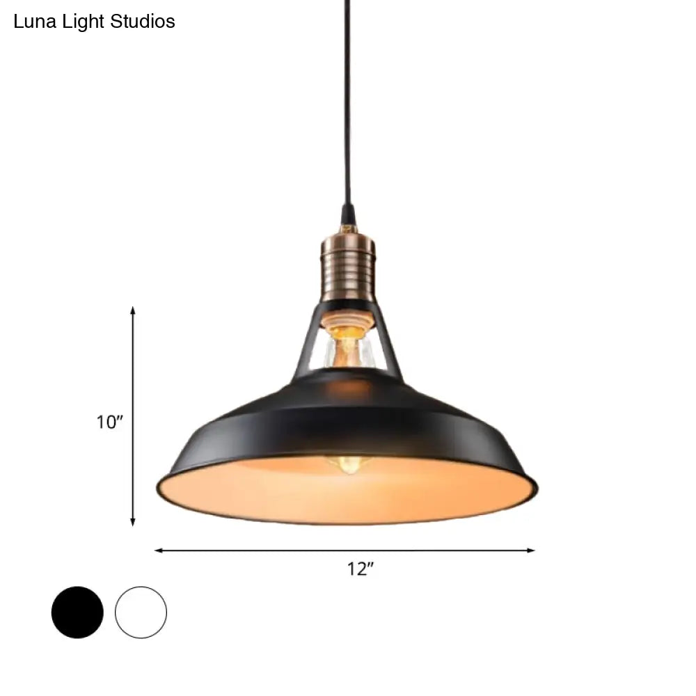 Vintage Barn Pendant Light - Metallic Black/White 1 Bulb Suspension 10.5/12/15 Inch Width