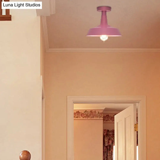 Vintage Barn Semi Flush Mount Ceiling Light In Blue/Green - 1 Metal Lighting For Corridor Pink