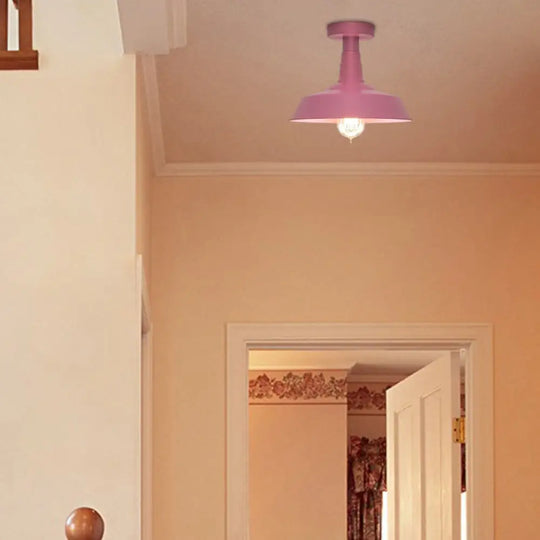 Vintage Barn Semi Flush Mount Ceiling Light In Blue/Green - 1 Metal Lighting For Corridor Pink