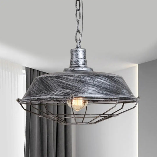 Vintage Barn Shade Pendant Lamp - Bronze/Silver Hanging Light Fixture With Metallic Finish Silver