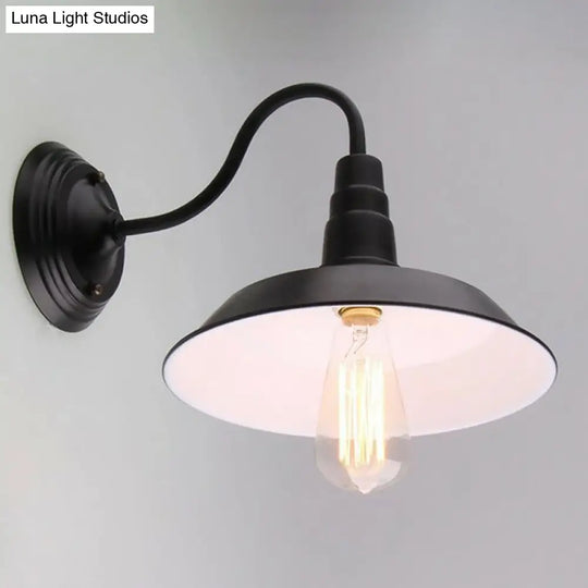 Vintage Barn Wall Light - 10/14 Wide Metal Gooseneck Fixture Black