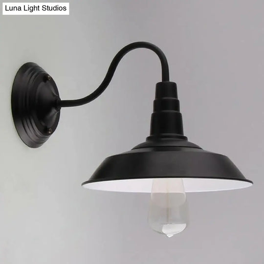 Vintage Barn Wall Light - 10/14 Wide Metal Gooseneck Fixture Black