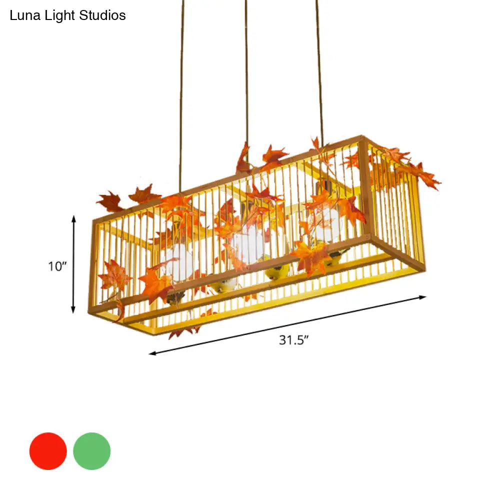 Vintage Beige Bamboo Pendant Light With Red Maple Leaf And Green Leaves Deco - Tea Room Lighting Kit