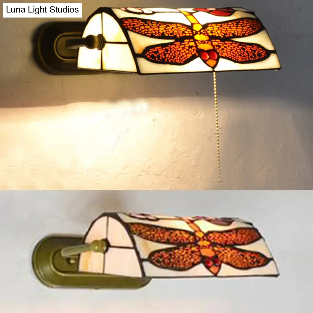 Vintage Beige Banker Wall Sconce With/Without Pull Chain And Dragonfly Stained Glass - 1 Head