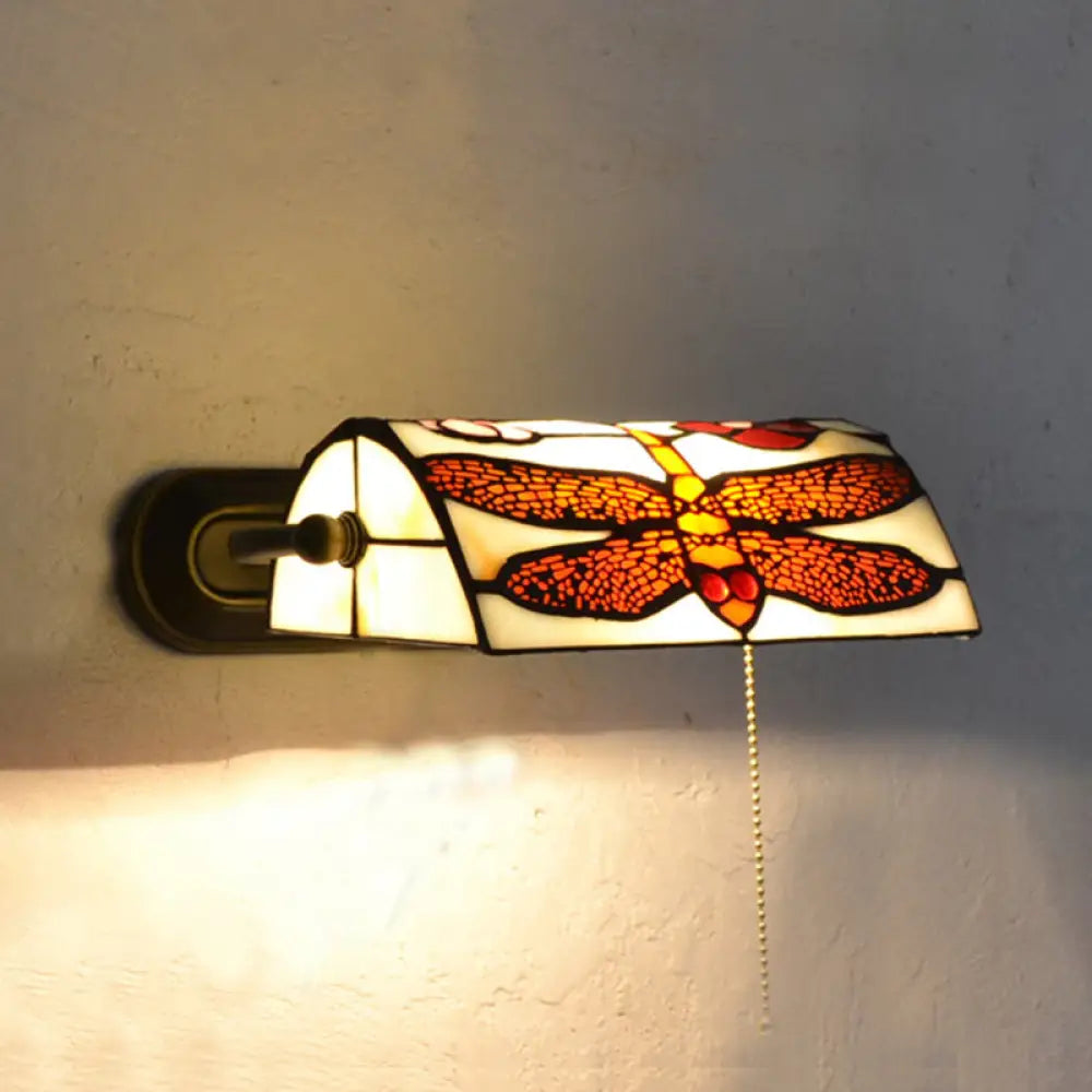 Vintage Beige Banker Wall Sconce With/Without Pull Chain And Dragonfly Stained Glass - 1 Head