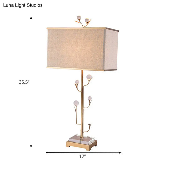 Vintage Beige Fabric Night Lamp With Gold Rod And Crystal Ball - 1 Light Rectangle Table