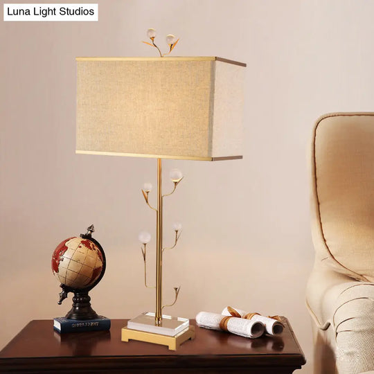 Vintage Beige Fabric Night Lamp With Gold Rod And Crystal Ball - 1 Light Rectangle Table