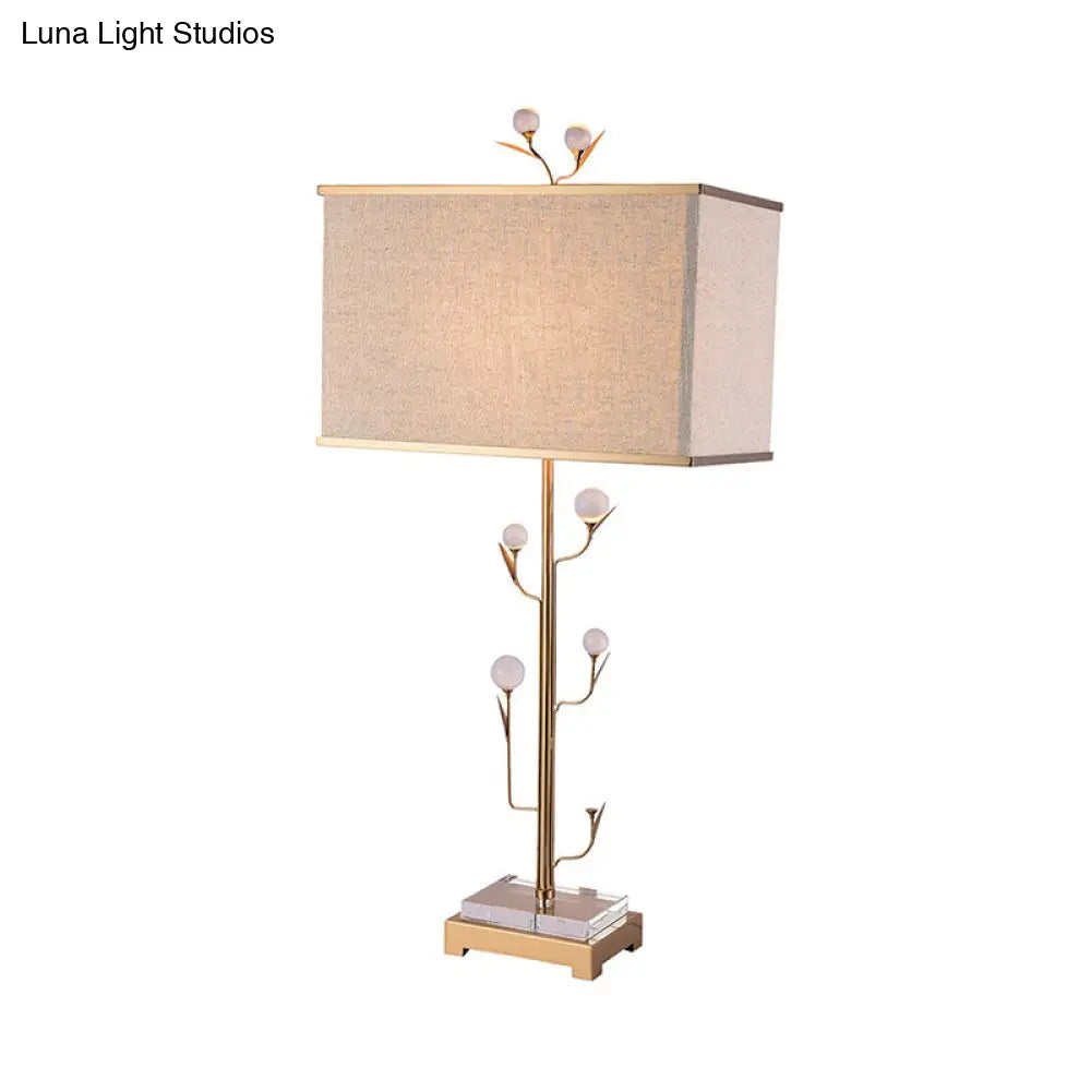 Vintage Beige Fabric Night Lamp With Gold Rod And Crystal Ball - 1 Light Rectangle Table