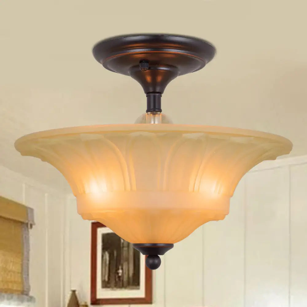 Vintage Beige Glass Bowl Flush Light - 3/4 Heads Semi Mount Lighting For Living Room In Black