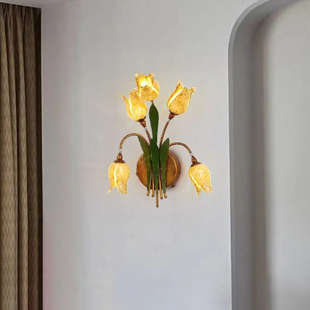 Vintage Beige Glass Tulip Nosegay Sconce Light - Antique Brass Wall Mounted Night (2/3/5 Heads) 5 /