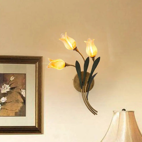 Vintage Beige Glass Tulip Nosegay Sconce Light - Antique Brass Wall Mounted Night (2/3/5 Heads) 3 /