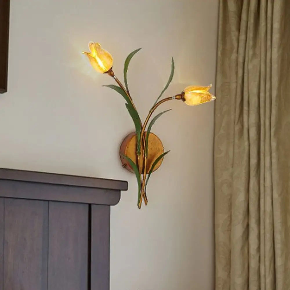 Vintage Beige Glass Tulip Nosegay Sconce Light - Antique Brass Wall Mounted Night (2/3/5 Heads) 2 /