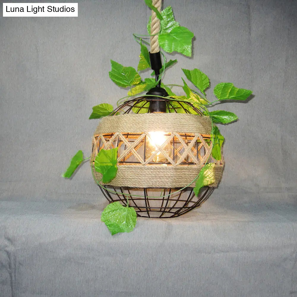 Vintage Beige Globe Pendant Lamp With Rope Detail - Iron Plant Hanging Ideal For Restaurant Lighting