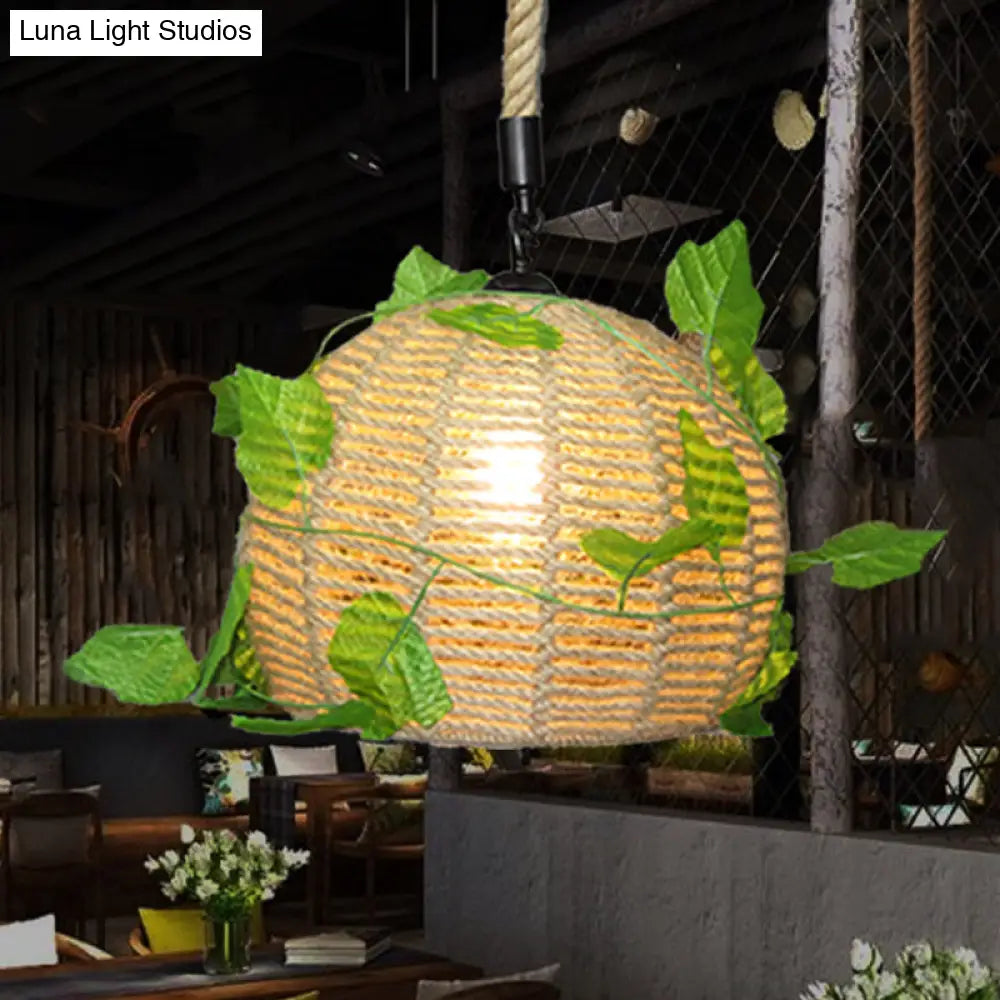 Vintage Beige Hemp Rope Dome Pendant Light With Led Bulb - Perfect For Restaurants
