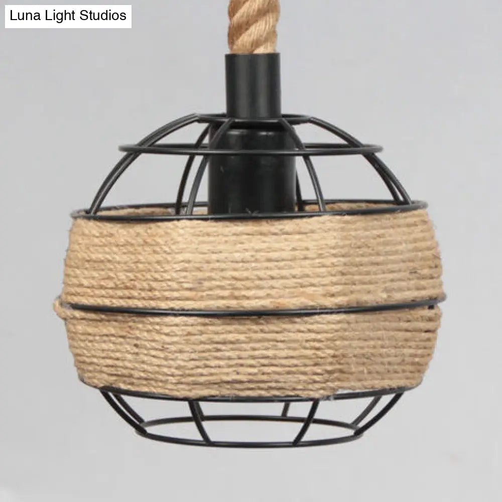 Beige Global/Bottle Pendant Light With Wire Cage Shade - Country Metal And Rope 1-Light Indoor