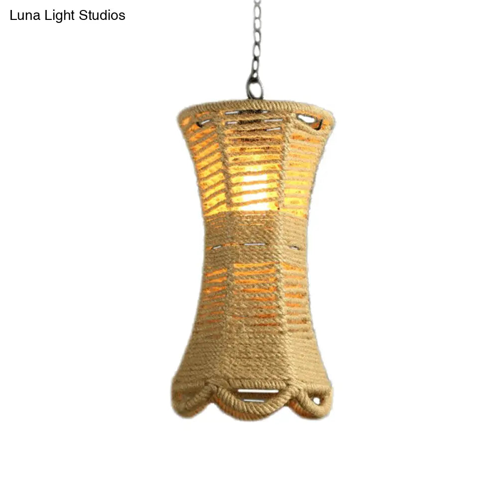 Beige Radian Pendant Lamp With Vintage Rope - Hand-Woven Hanging Light Fixture For Restaurants