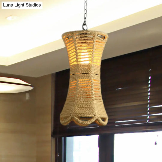 Vintage Beige Radian Pendant Lamp: Hand-Woven 1-Head Restaurant Hanging Light Fixture With Rope