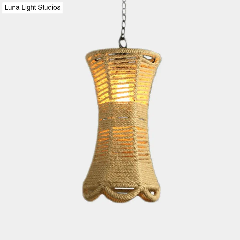 Vintage Beige Radian Pendant Lamp: Hand-Woven 1-Head Restaurant Hanging Light Fixture With Rope