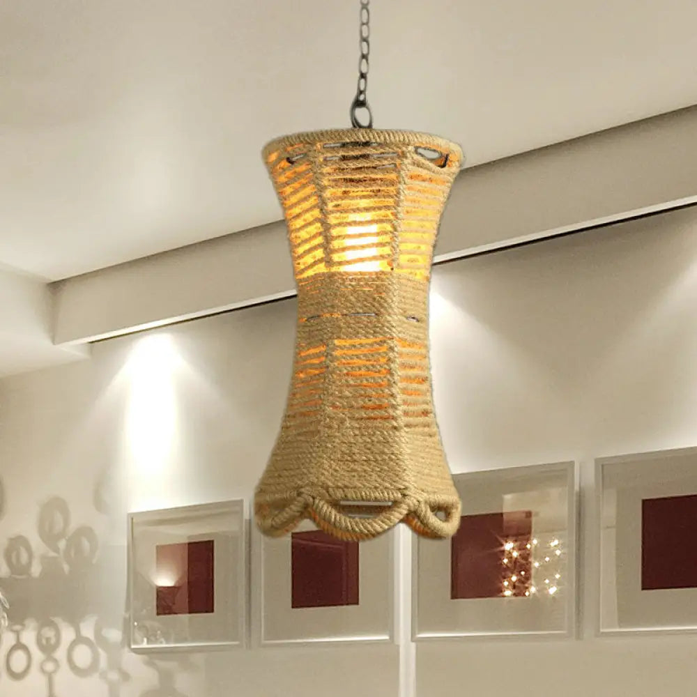 Vintage Beige Radian Pendant Lamp: Hand-Woven 1-Head Restaurant Hanging Light Fixture With Rope