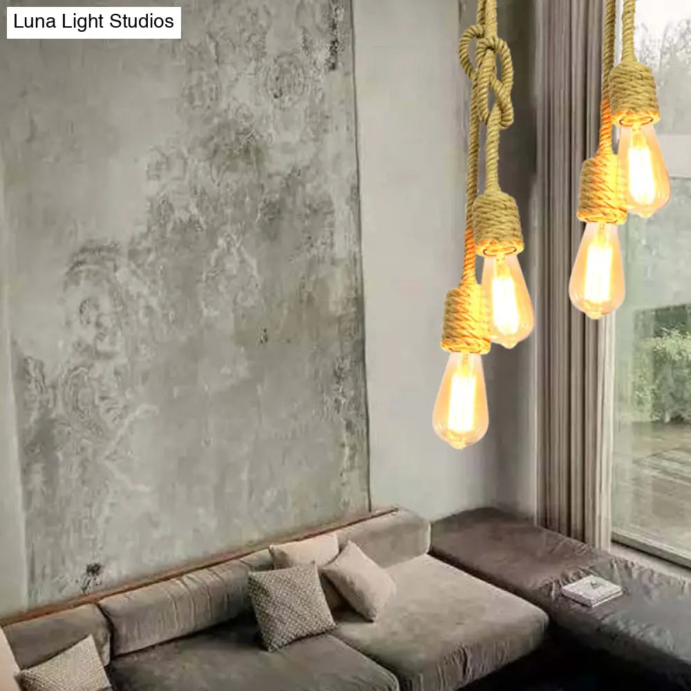 Vintage Beige Rope Pendant Lamp With Exposed Bulbs - 2-Light Cluster For Living Room