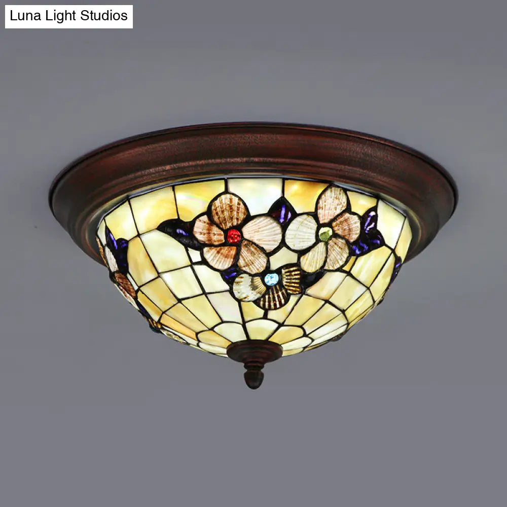 Vintage Beige Stained Glass Flushmount Ceiling Light With Flower Pattern - 1 Bulb
