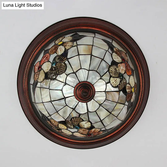 Vintage Beige Stained Glass Flushmount Ceiling Light With Flower Pattern - 1 Bulb