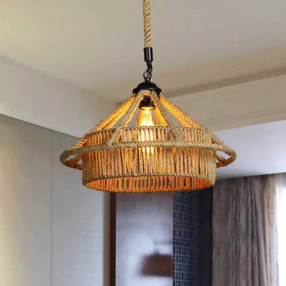 Vintage Beige Straw Hat Shape Rope Ceiling Pendant Light - Coffee Shop Hanging Lamp