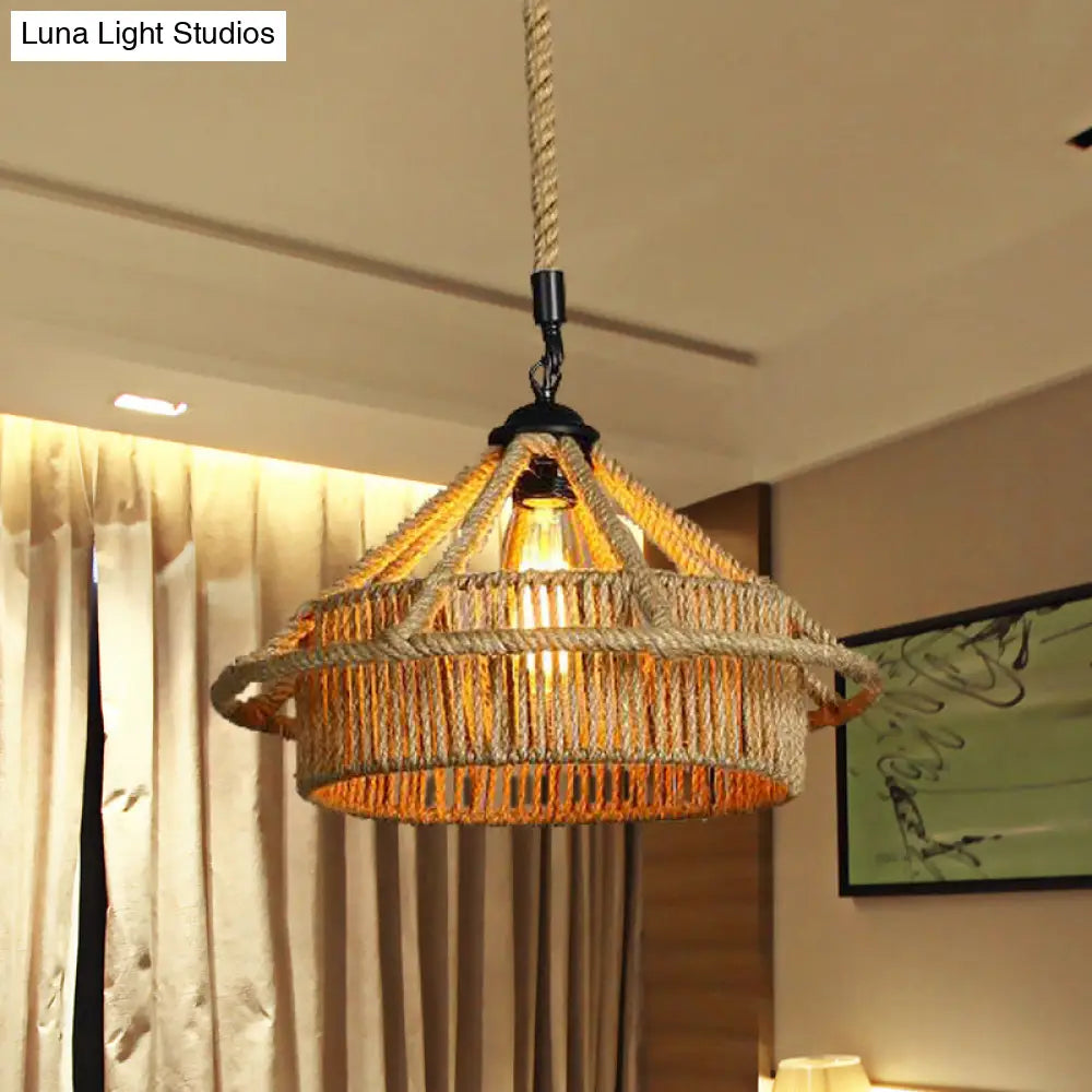 Vintage Beige Straw Hat Shape Rope Ceiling Pendant Light - Coffee Shop Hanging Lamp