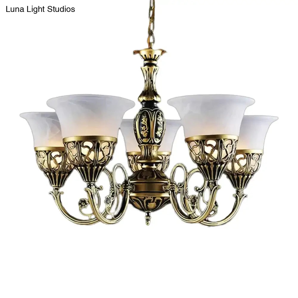 Vintage Bell Ceiling Light With 5 Opal Frosted Glass Bulbs - Bronze Scroll Arm Chandelier