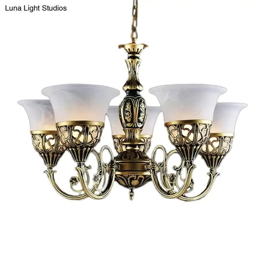 Vintage Bell Ceiling Light With 5 Opal Frosted Glass Bulbs - Bronze Scroll Arm Chandelier