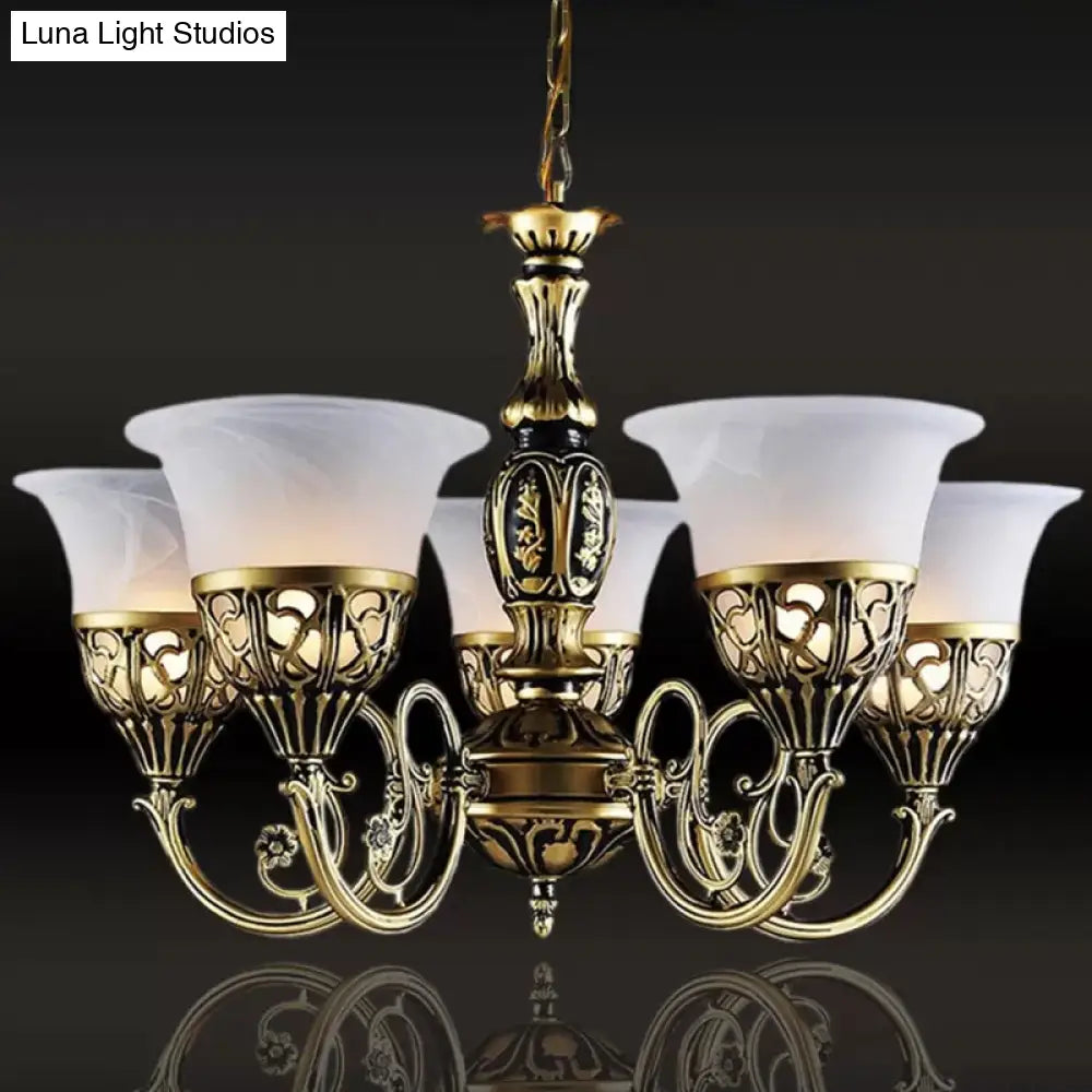 Vintage Bell Ceiling Light With 5 Opal Frosted Glass Bulbs - Bronze Scroll Arm Chandelier