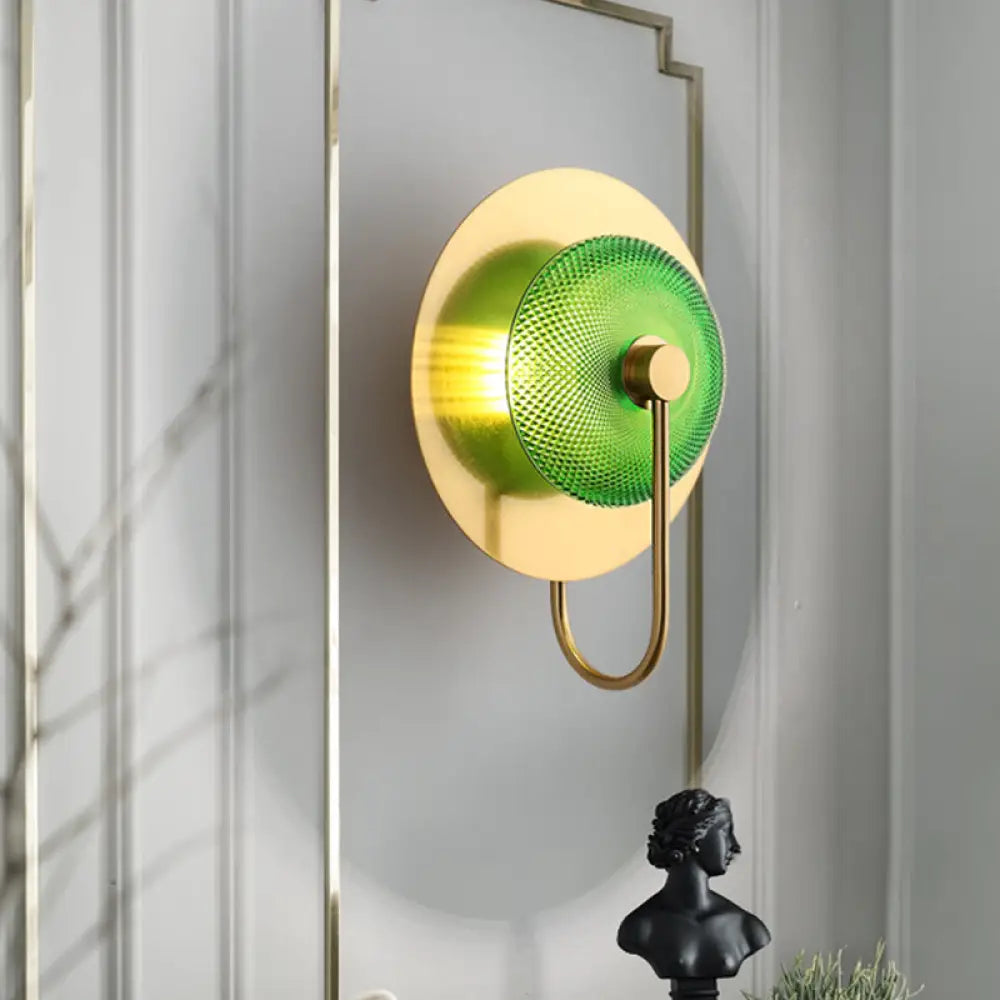 Vintage Bell Metal Wall Lighting Sconce In Gold With Green Prismatic Glass Shade 1 /