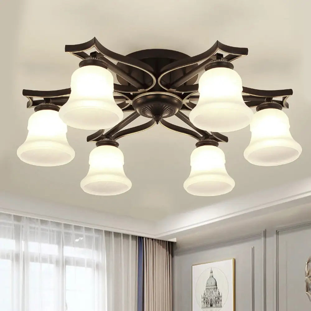 Vintage Bell Milk White Glass Flushmount Lighting: 6 - Bulb Ceiling Mounted Fixture In Black